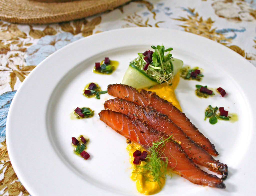 Pastrami-Cured Salmon with Yellow Pepper Sabayon & Poached Beet