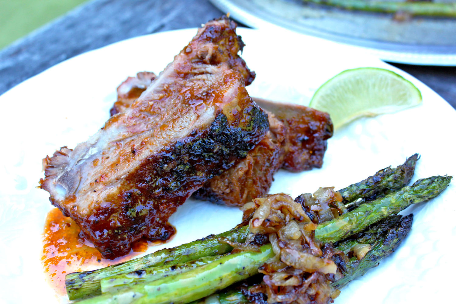 Tequila Glazed Ribs with Grilled Asparagus & Caramelized Onions