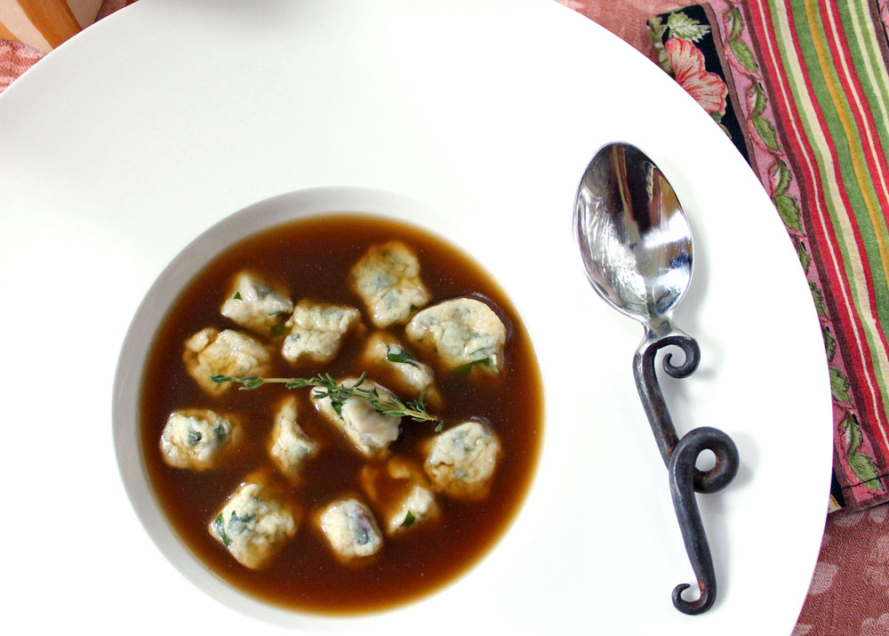 Swiss Chard Gnudi with Mushroom Consommé