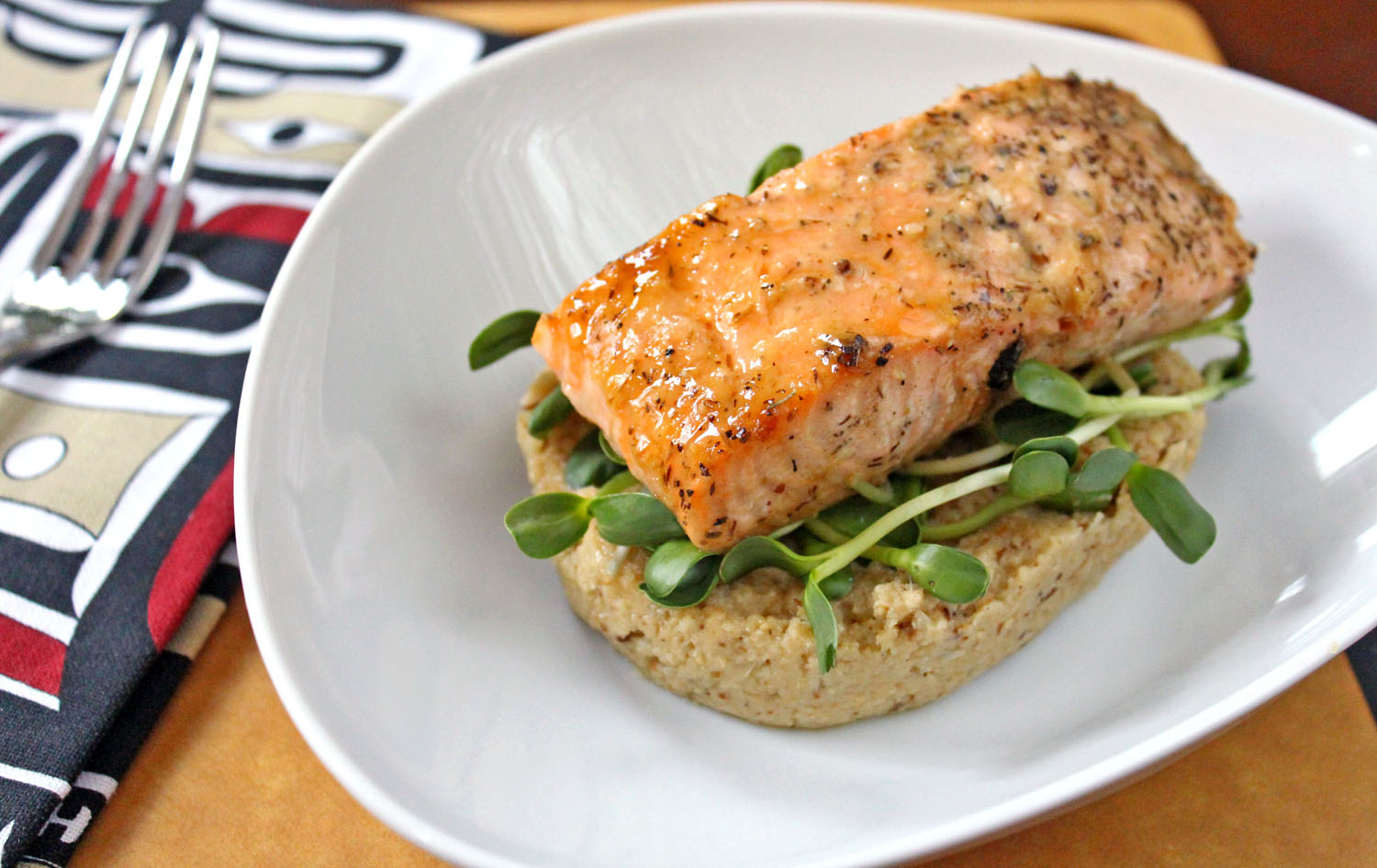 Roasted Salmon with Cauliflower Puree & Sunflower Greens