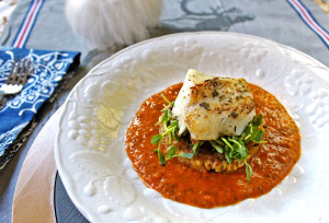 Seared Cod with Pea Shoots, Zucchini Cake & Romesco Sauce