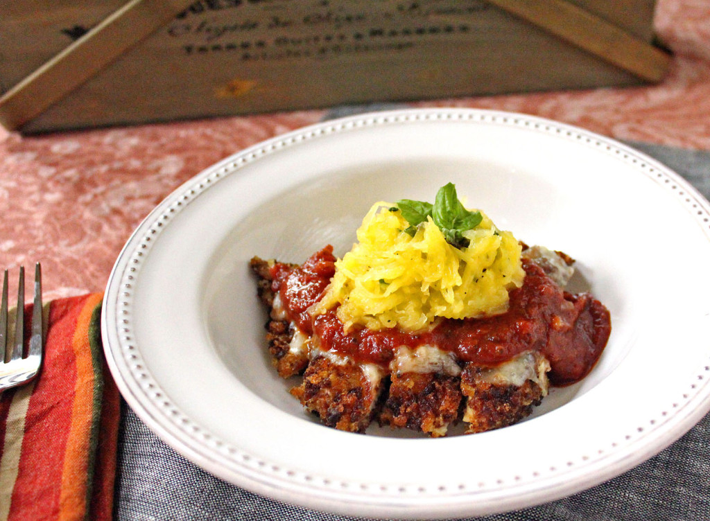 Pumpernickel Crusted Chicken Parmesan with Roasted Spaghetti Squ