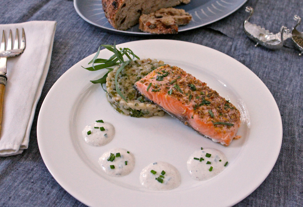 Slow Roasted Salmon with Skillet Barley & Broccolini & Horseradi