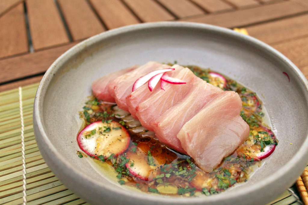 Hamachi Crudo with Bok Choy, Radish, & Rice Wine Vinaigrette