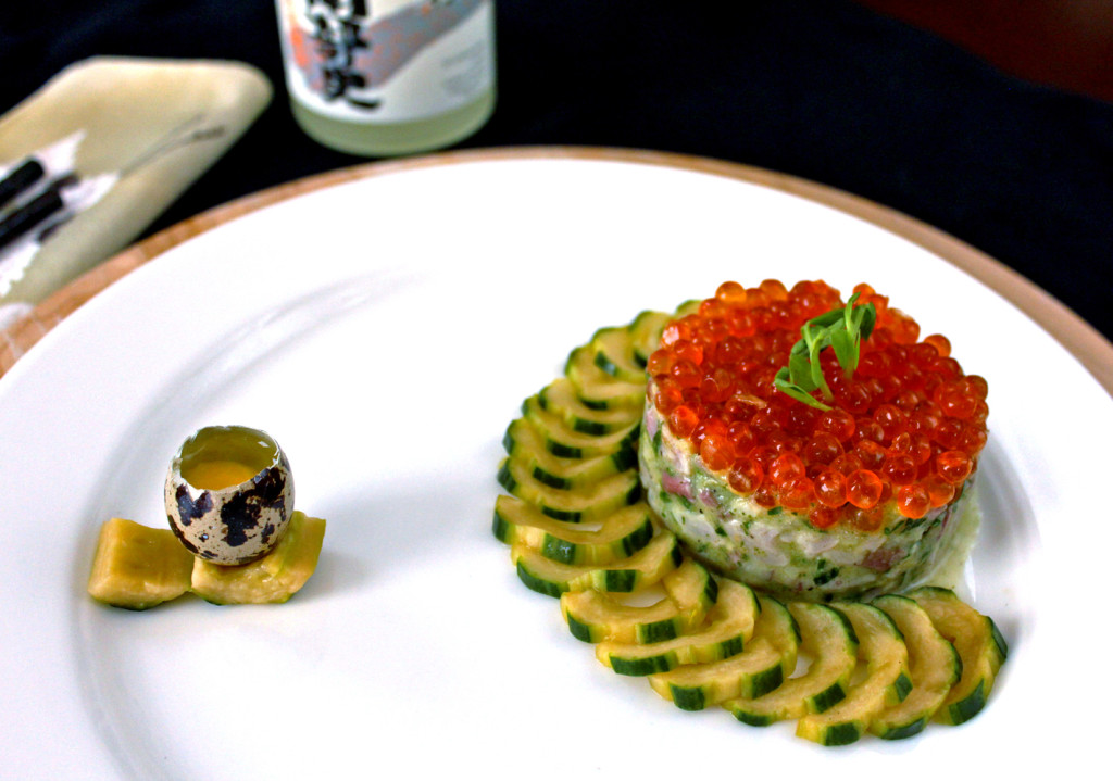 Hamachi Tartare with Miso Pickled Cucumber & Salmon Roe